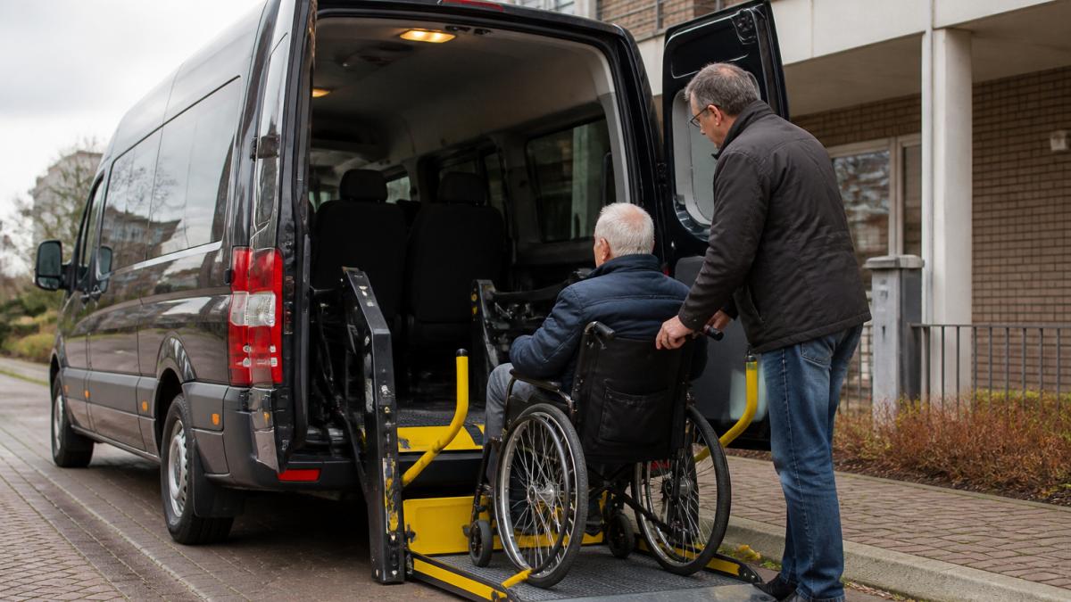 Gespecialiseerde rolstoeltaxi met open laadklep, hydraulische lift zichtbaar, ruim interieur met aangepaste handrails en vastzettingssystemen