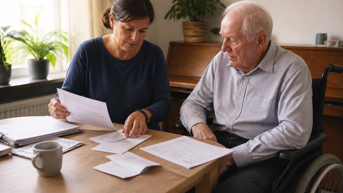 Een oudere man in een rolstoel bij een bureau, terwijl een familielid naast hem facturen en een rittenoverzicht sorteert voor de belastingaangifte, zacht daglicht door het raam