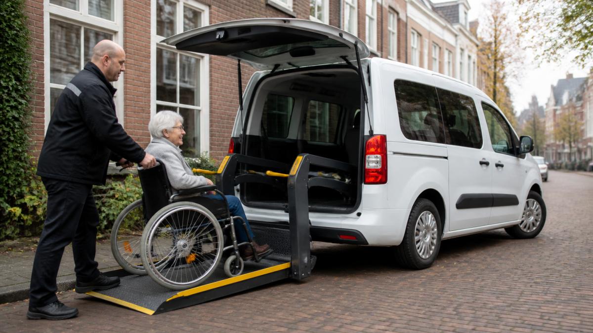 Een oudere dame in een rolstoel wordt door een vriendelijke chauffeur in uniform geholpen bij het instappen in een wit rolstoelvoertuig met automatische lift, op een rustige straat in Utrecht met bakstenen huizen op de achtergrond