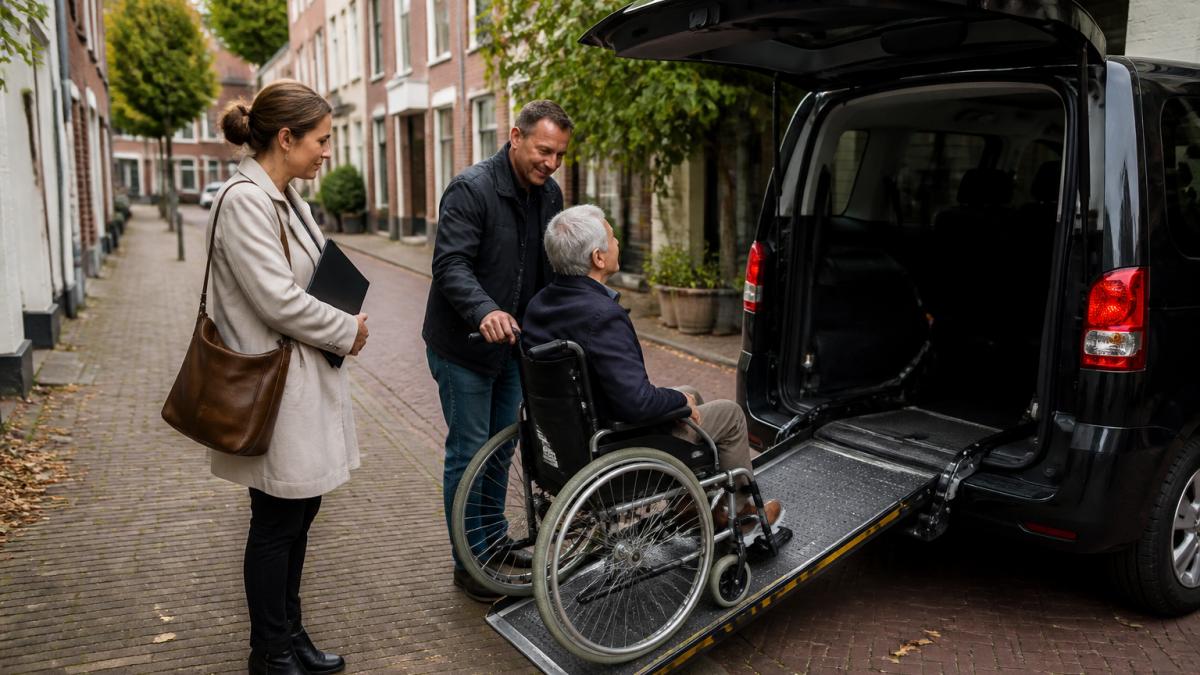 A person in a wheelchair being assisted by a friendly driver into an accessible taxi van, with a care assistant holding a folder, in a residential street in Utrecht