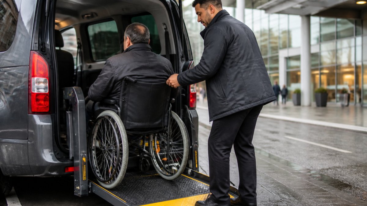 Professionele chauffeur helpt rolstoelgebruiker voorzichtig in een volledig rolstoeltoegankelijk voertuig met zichtbare rolstoelvastzetting en veiligheidsriemen, in daglicht buiten een ziekenhuis in Utrecht
