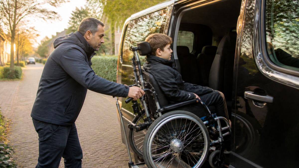 Vriendelijke chauffeur helpt leerling in rolstoel bij vaste contracten speciaal onderwijs in aangepaste bus
